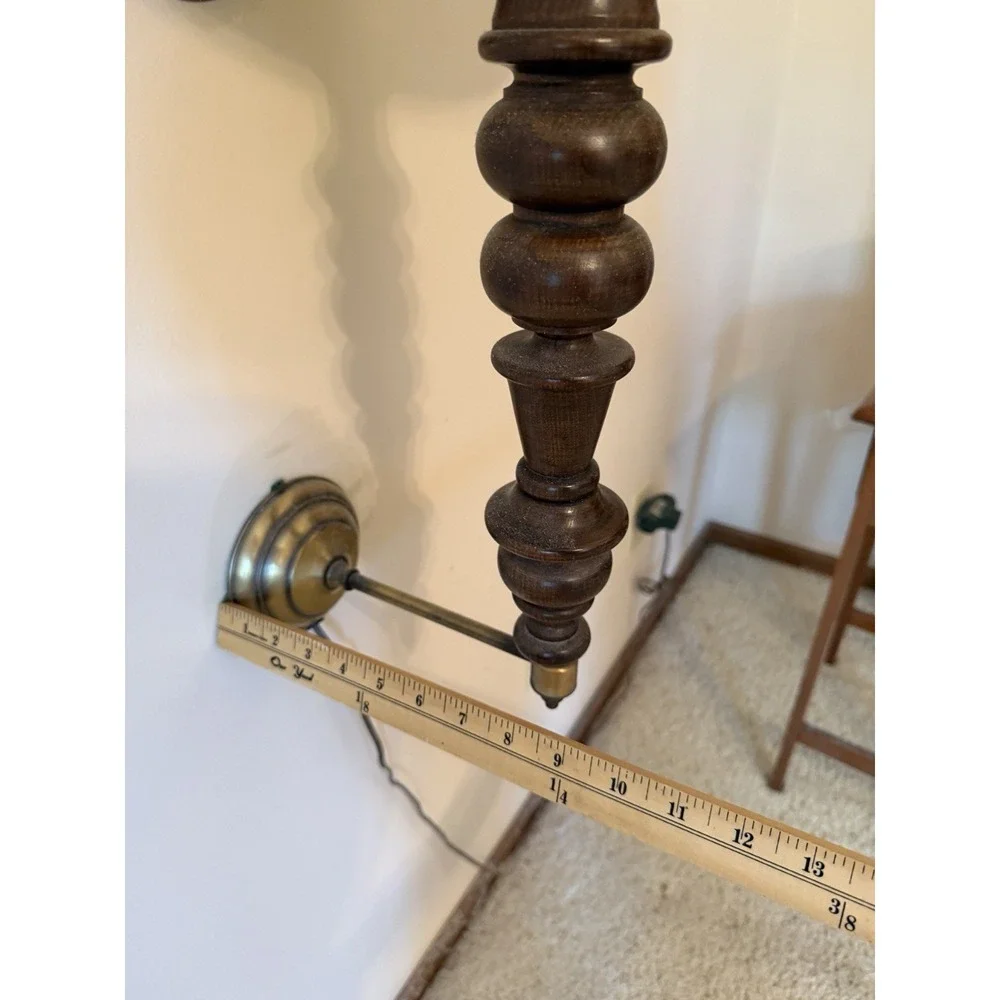 Vintage Roman Column Wall Sconce Lamp Wood Brass Org Linen Shade MCM Style